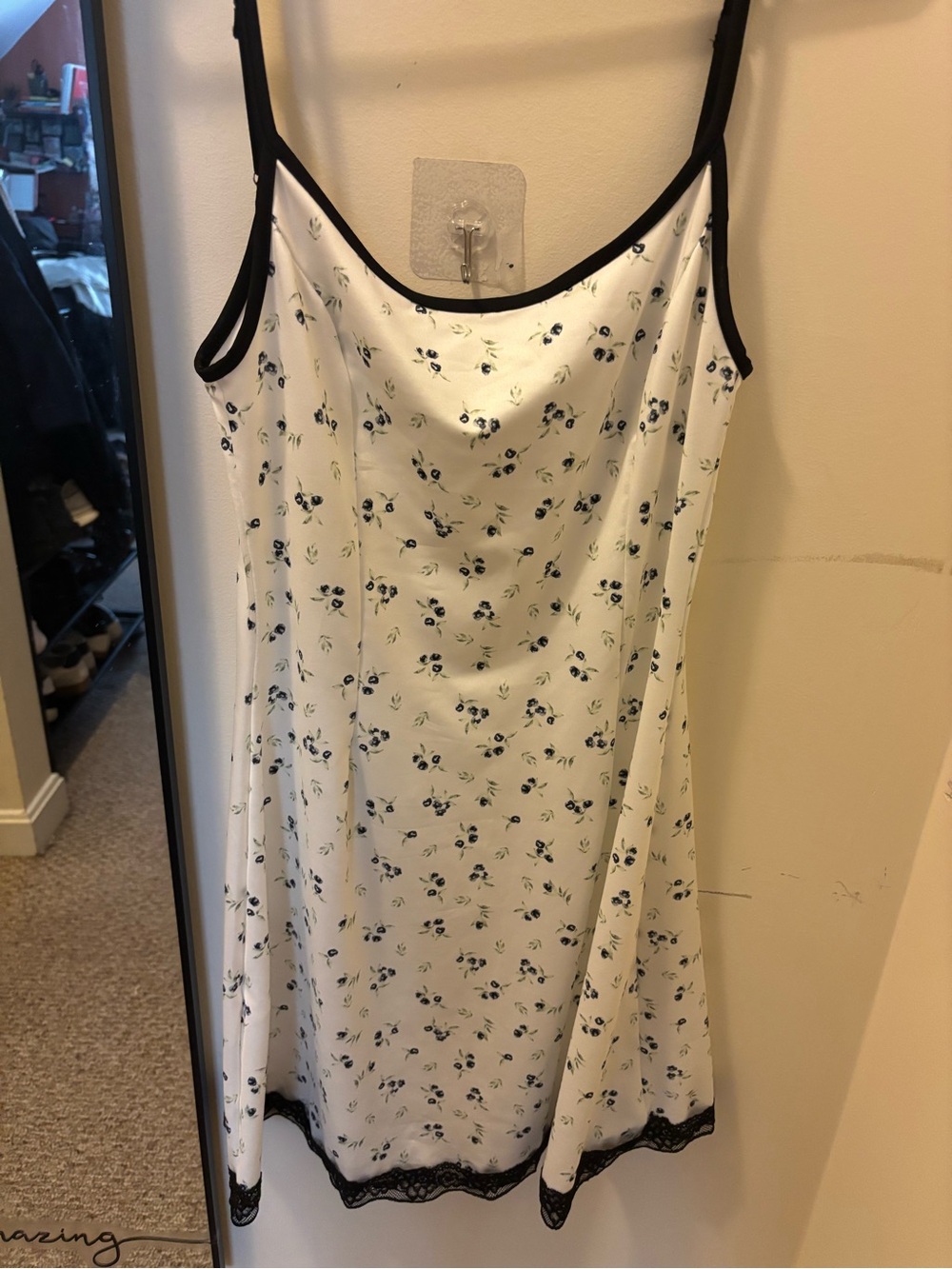 White Floral Slip Dress with Black Trim and Lace